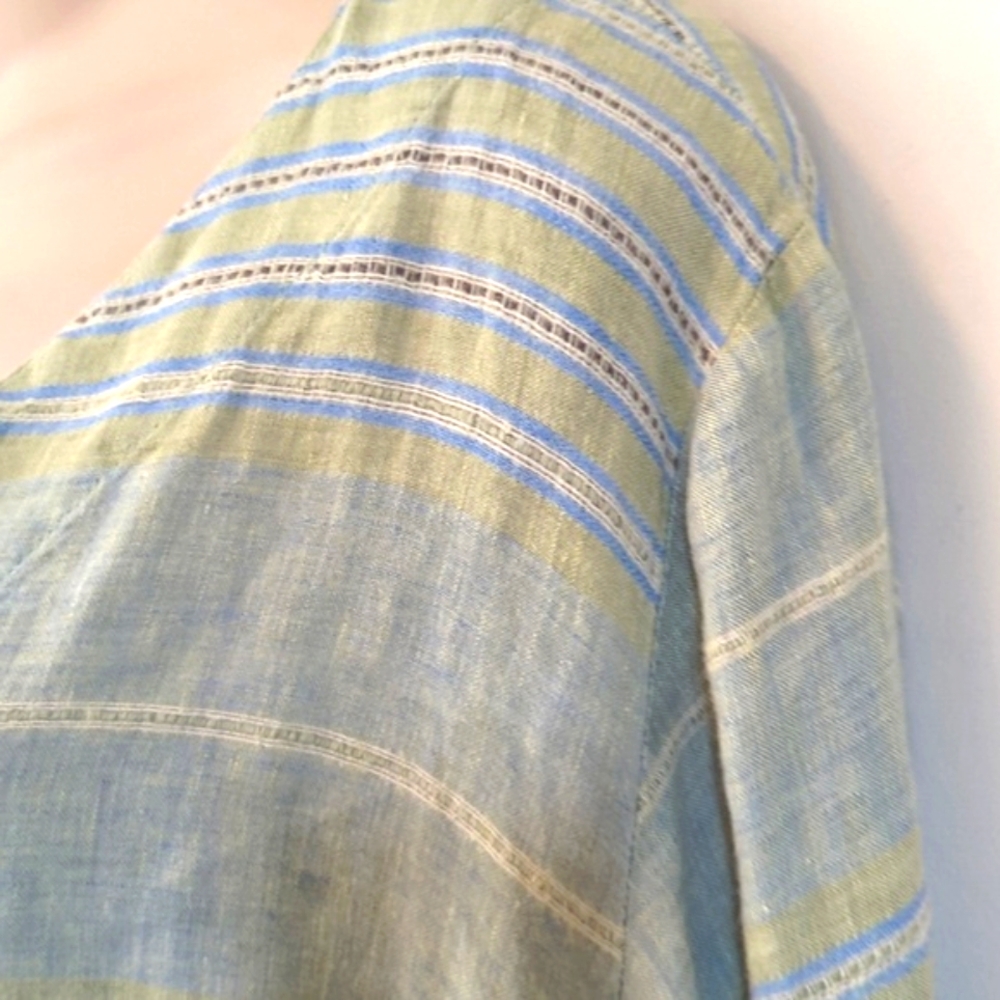 Flax Linen V Neck Striped Green Blue Dress L - Picture 5 of 14
